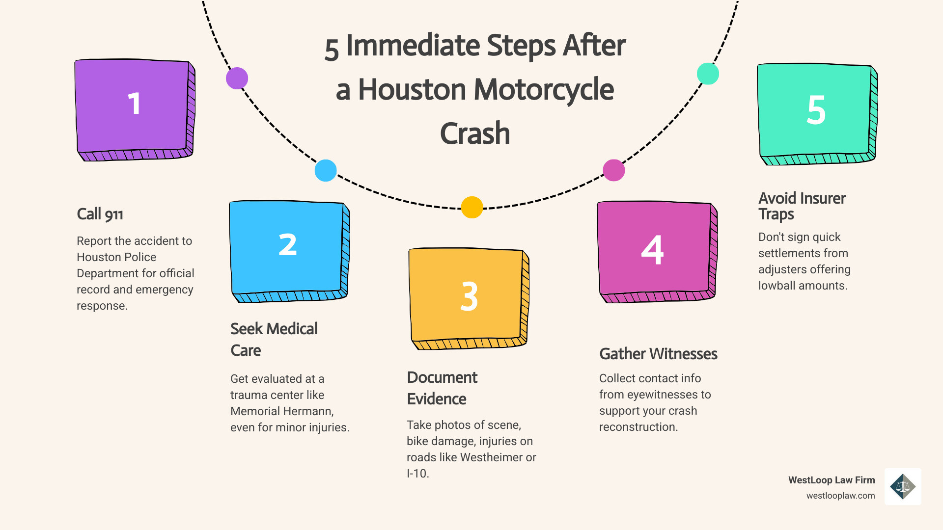Infographic showing 5 immediate steps after a Houston motorcycle crash, key attorney qualities, and compensation types Infographic showing 5 immediate steps after a Houston motorcycle crash, key attorney qualities, and compensation types