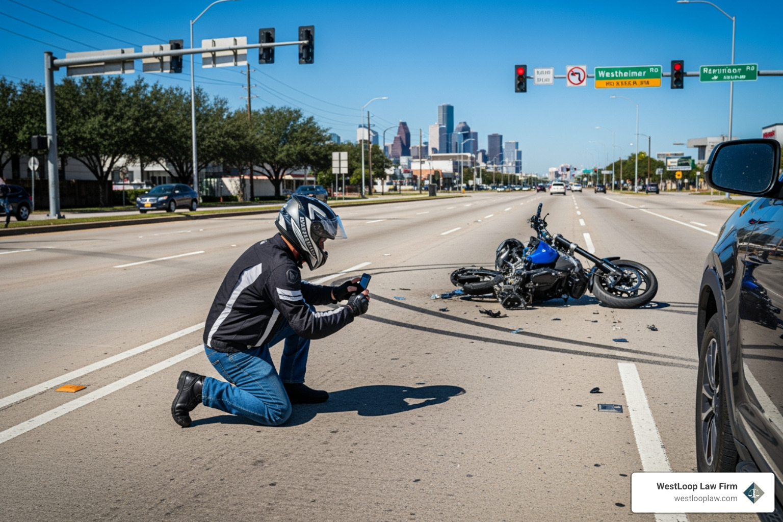 Rider documenting evidence on Westheimer Road after a collision Rider documenting evidence on Westheimer Road after a collision