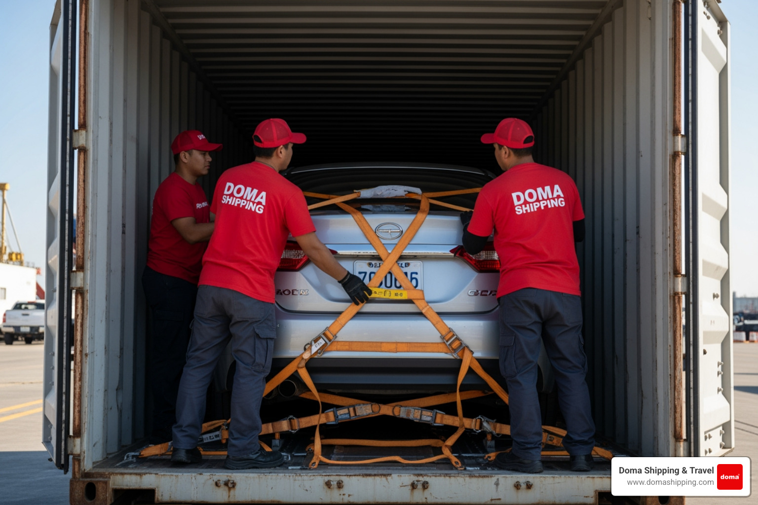 Secure vehicle lashing inside a shipping container for overseas transport
