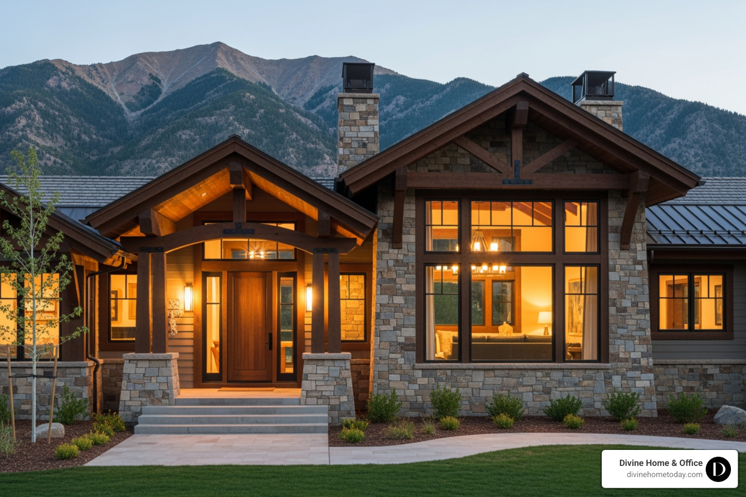 Million-dollar Colorado mountain home exterior with timber and stone facade, set against the Denver foothills