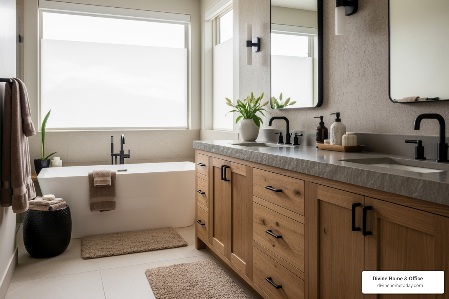 Spa-like modern mountain bathroom in a Denver luxury home, stone counters, natural wood vanity, matte black hardware