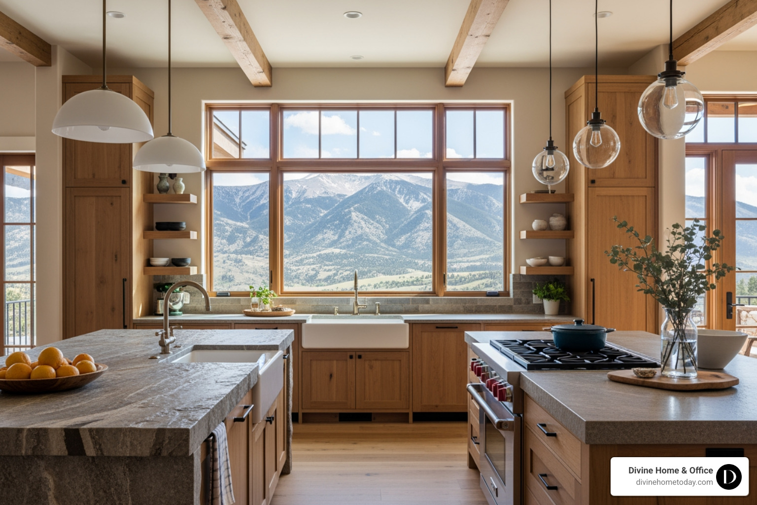 High-end modern mountain kitchen, stone countertops, natural wood cabinetry, exposed beams, natural textures