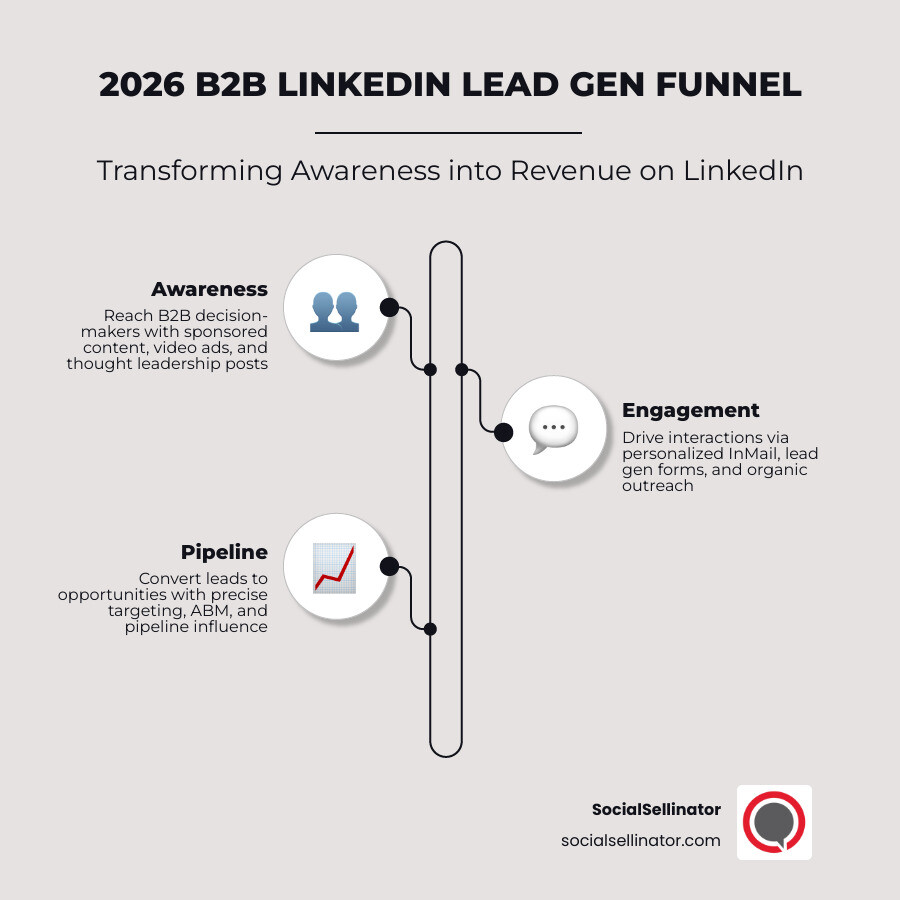Infographic showing the 2026 B2B LinkedIn marketing funnel from awareness to pipeline infographic