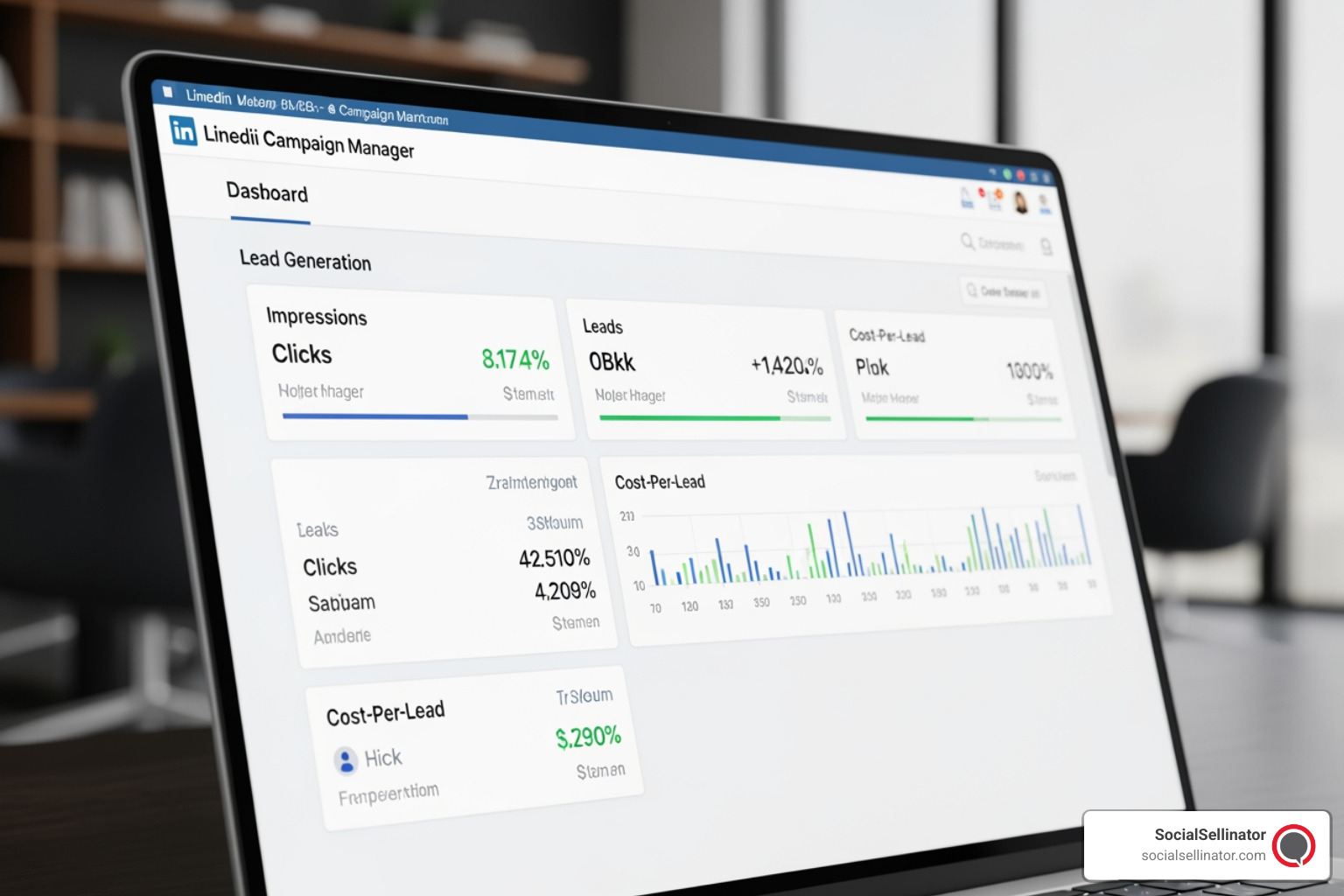LinkedIn Campaign Manager dashboard showing lead generation metrics