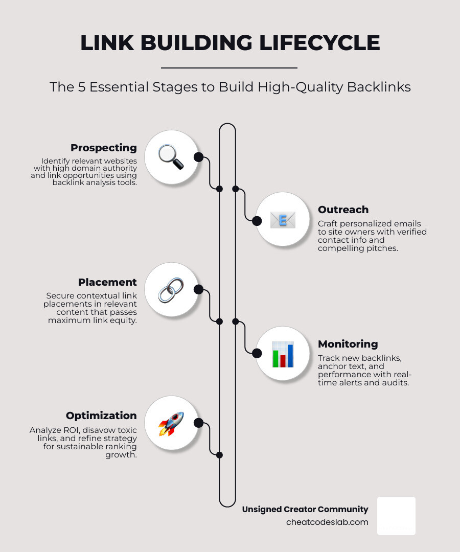 Link building lifecycle infographic showing prospecting, outreach, placement, and monitoring stages infographic