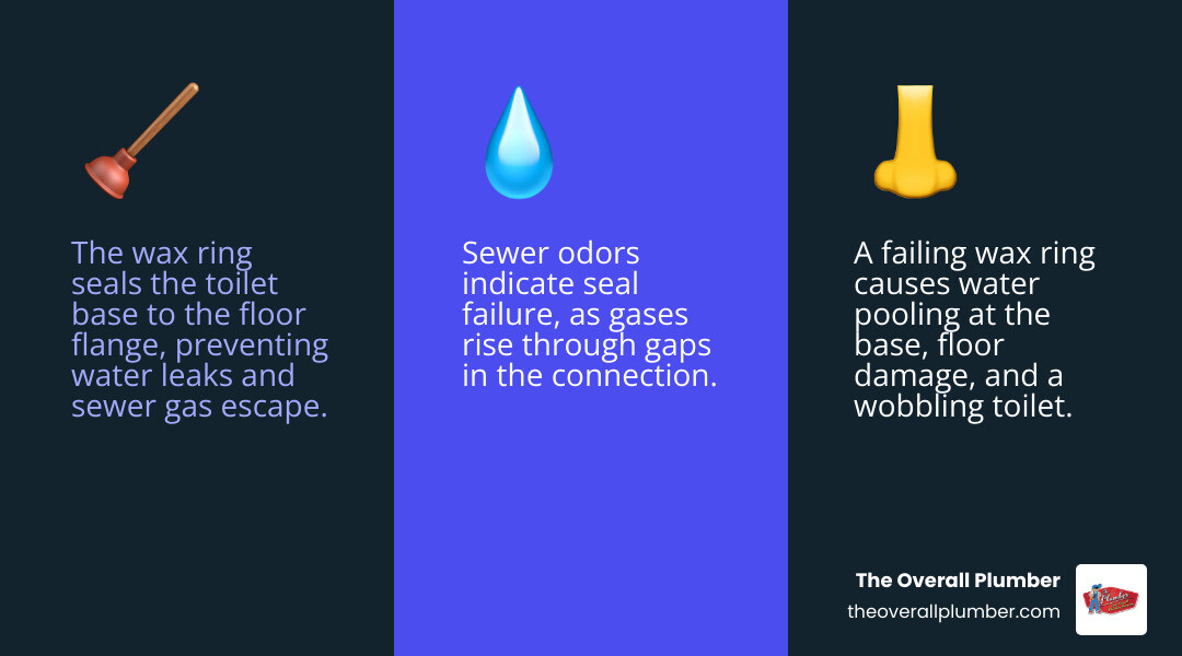 Anatomy of a toilet seal showing wax ring, flush valve seal, and tank-to-bowl gasket infographic