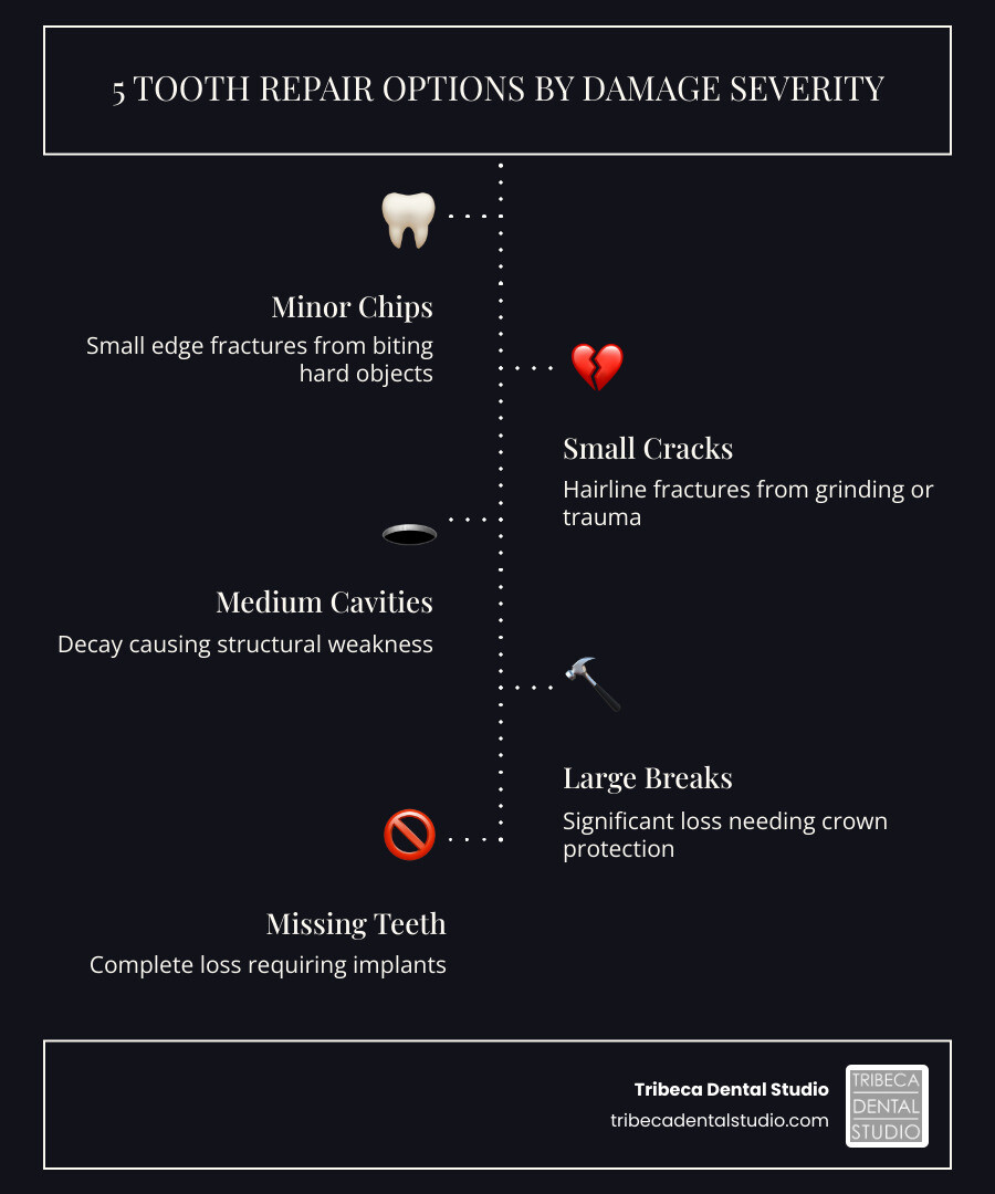 Infographic showing 5 tooth repair options with descriptions of damage severity each treats infographic