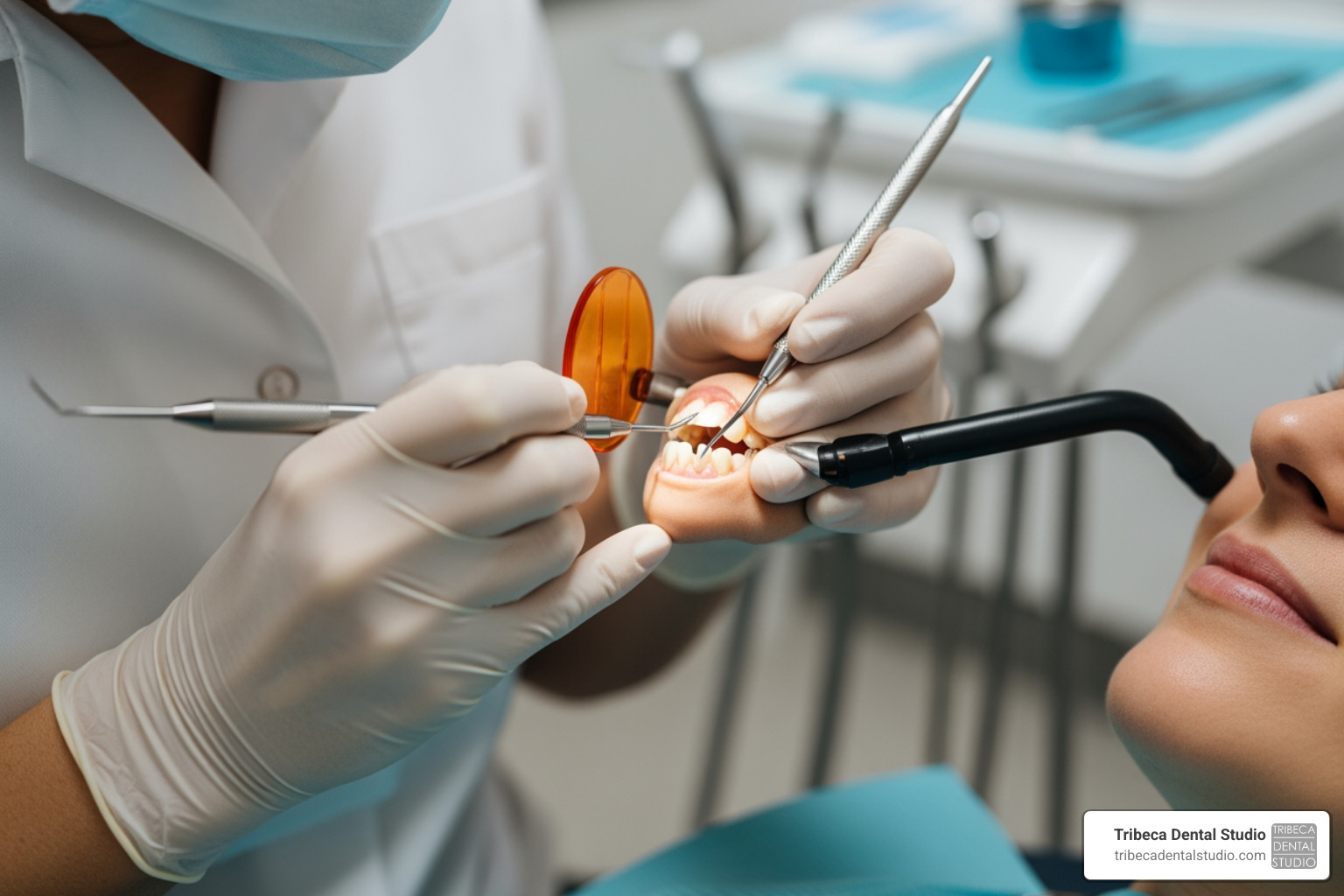 dentist applying tooth-colored composite resin to a front tooth