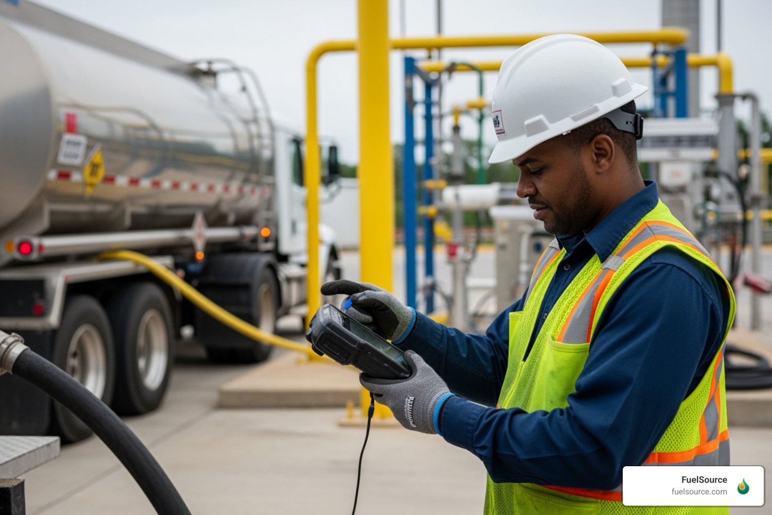 Fuel technician using a digital handheld to verify a delivery in Atlanta