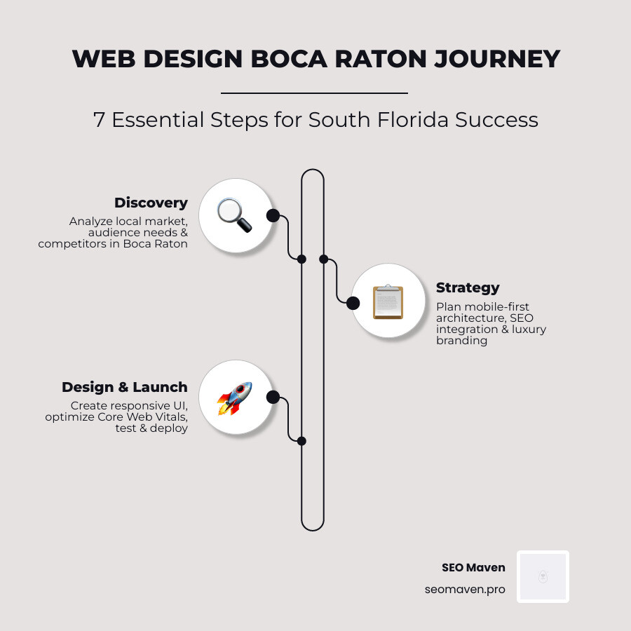 7-step web design journey infographic for Boca Raton businesses showing discovery, strategy, design, content, development