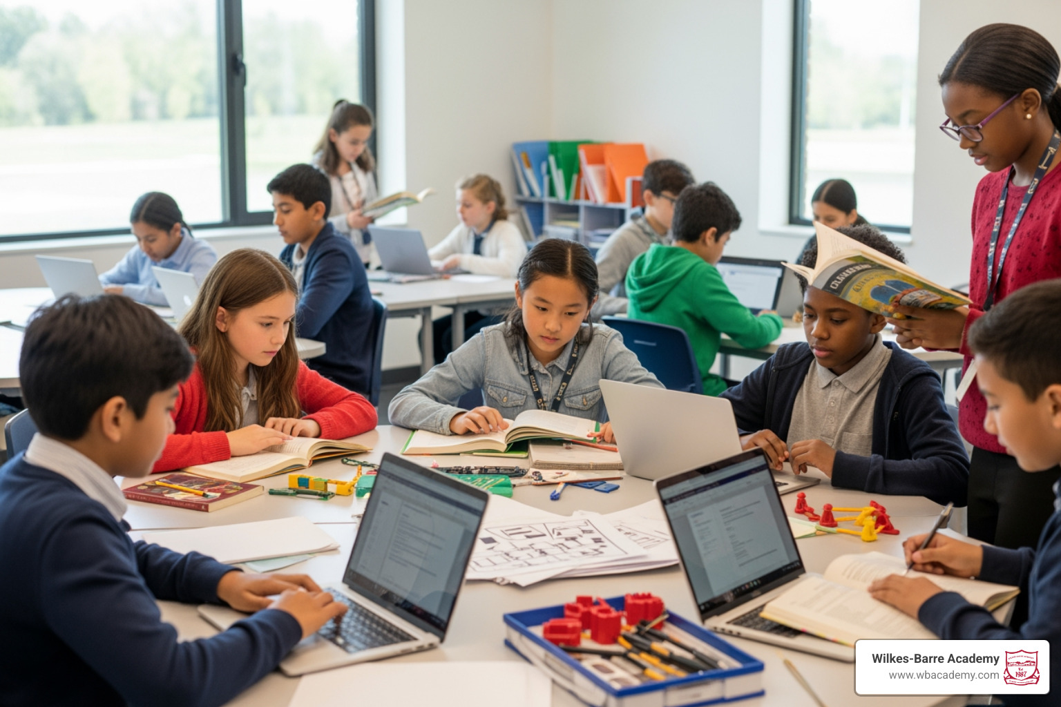 Students working on advanced coursework in a modern classroom