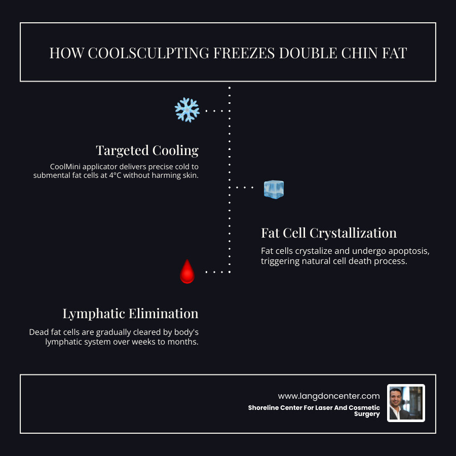 Infographic showing how CoolSculpting freezes and eliminates double chin fat cells step by step infographic Infographic showing how CoolSculpting freezes and eliminates double chin fat cells step by step infographic