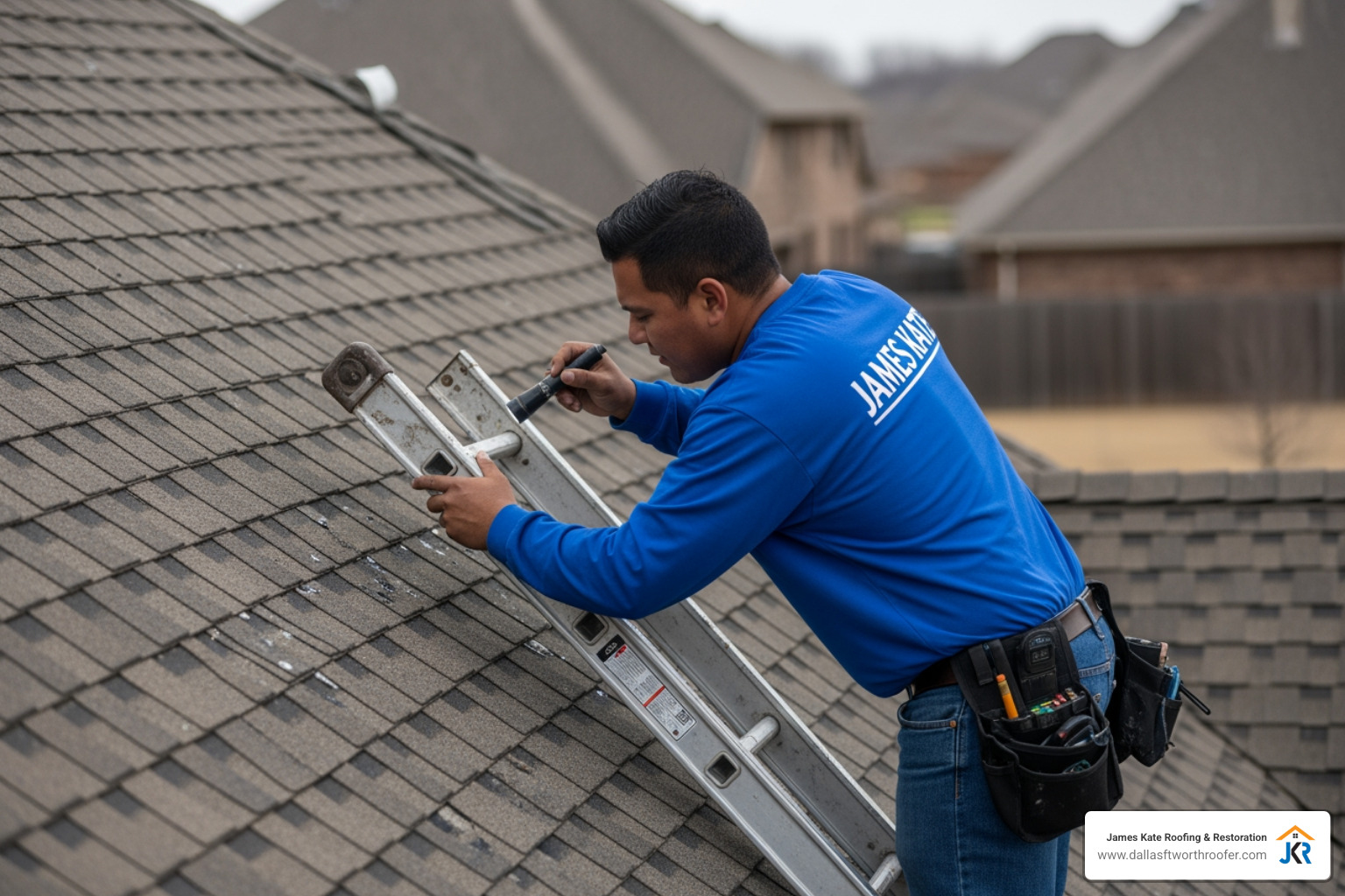 A professional roof inspection being performed by a technician in a royal blue James Kate shirt A professional roof inspection being performed by a technician in a royal blue James Kate shirt