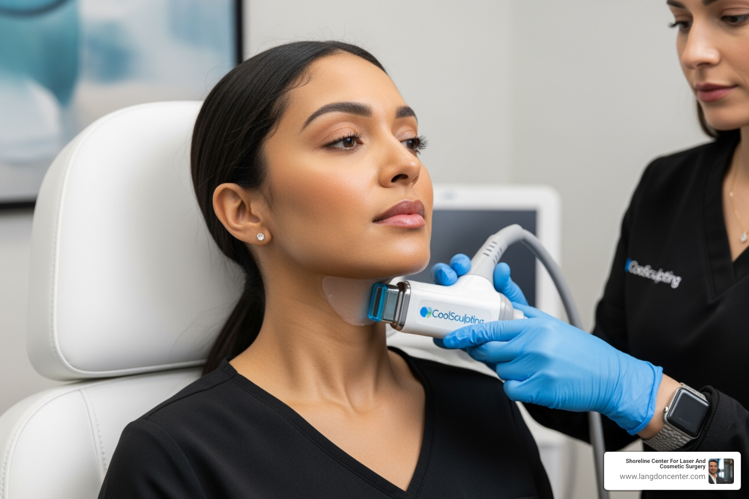 Patient receiving CoolSculpting treatment with the CoolMini applicator under the chin Patient receiving CoolSculpting treatment with the CoolMini applicator under the chin