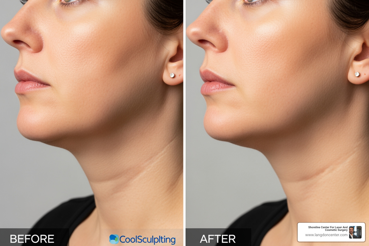 Before and after comparison of a patient's jawline following two CoolSculpting sessions Before and after comparison of a patient's jawline following two CoolSculpting sessions