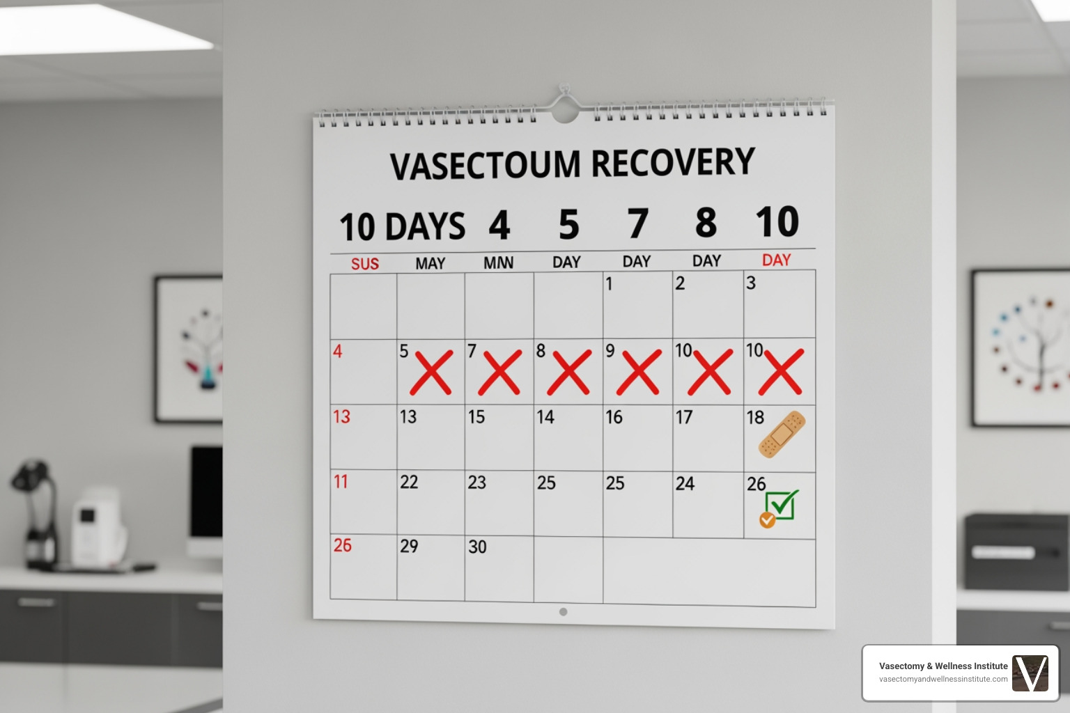 Calendar showing a 10-day countdown to full vasectomy recovery