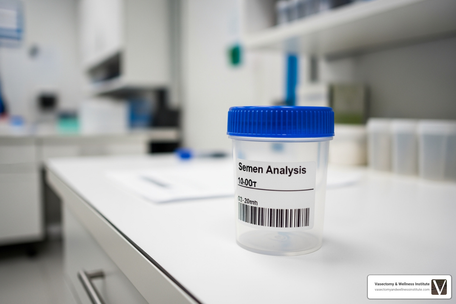 A medical lab sample container for post-vasectomy semen analysis