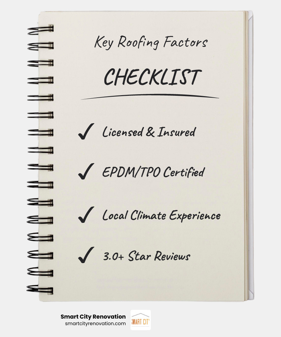 Key factors for choosing rubber roofing companies: licensing, certification, climate experience, warranties, and reviews Key factors for choosing rubber roofing companies: licensing, certification, climate experience, warranties, and reviews