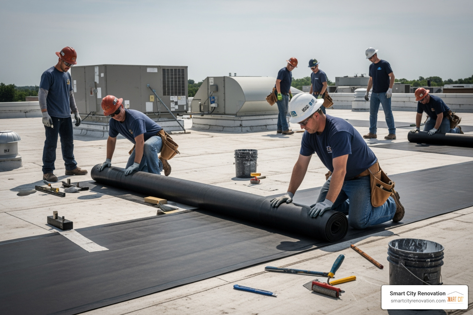 Roofing crew professionally installing a large EPDM rubber sheet on a flat roof Roofing crew professionally installing a large EPDM rubber sheet on a flat roof