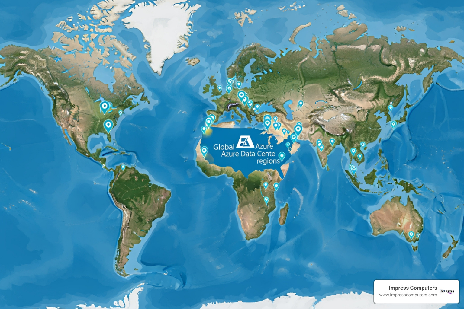 Map showing global Azure regions with 60+ locations and 190 edge sites Map showing global Azure regions with 60+ locations and 190 edge sites