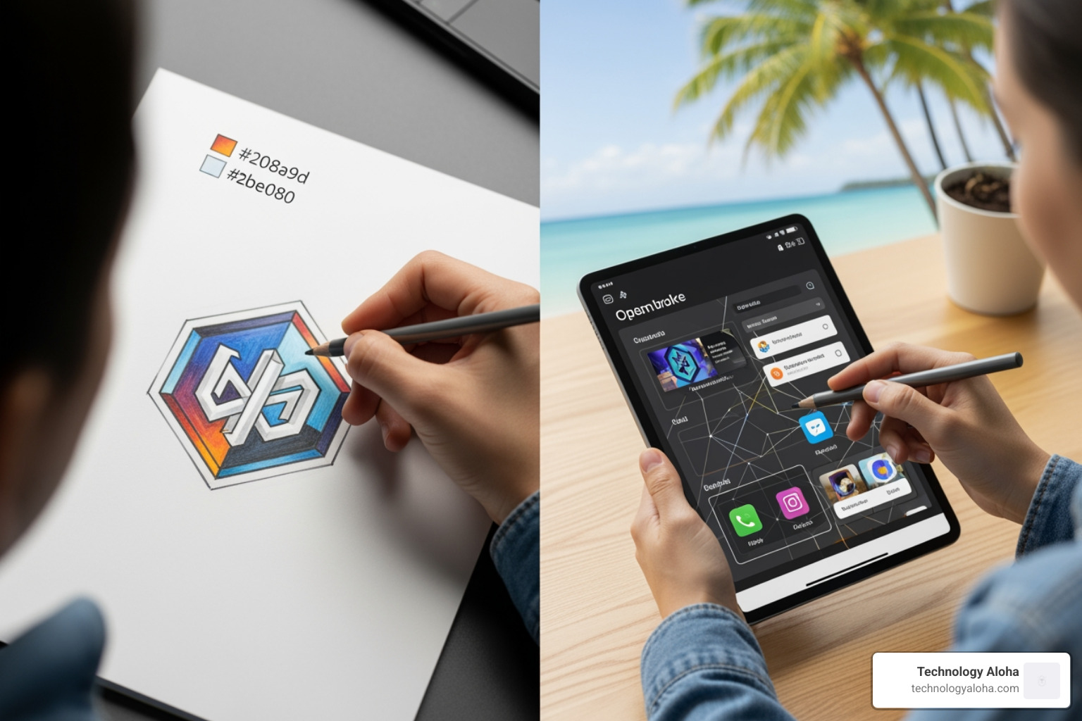 Designer sketching a logo versus a wireframe for a digital product