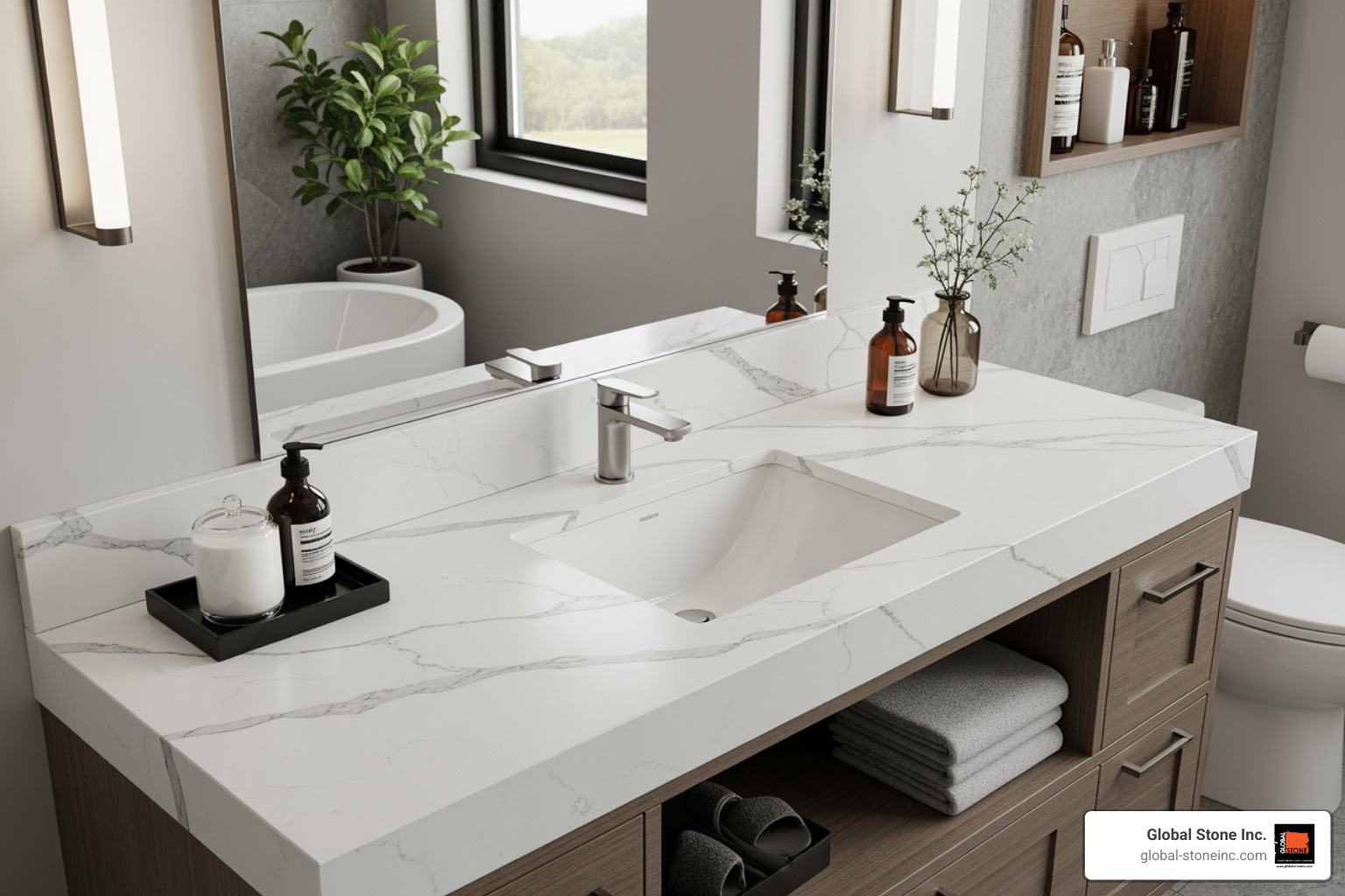 A beautiful white quartz 54 inch vanity top with subtle grey veining and an undermount sink