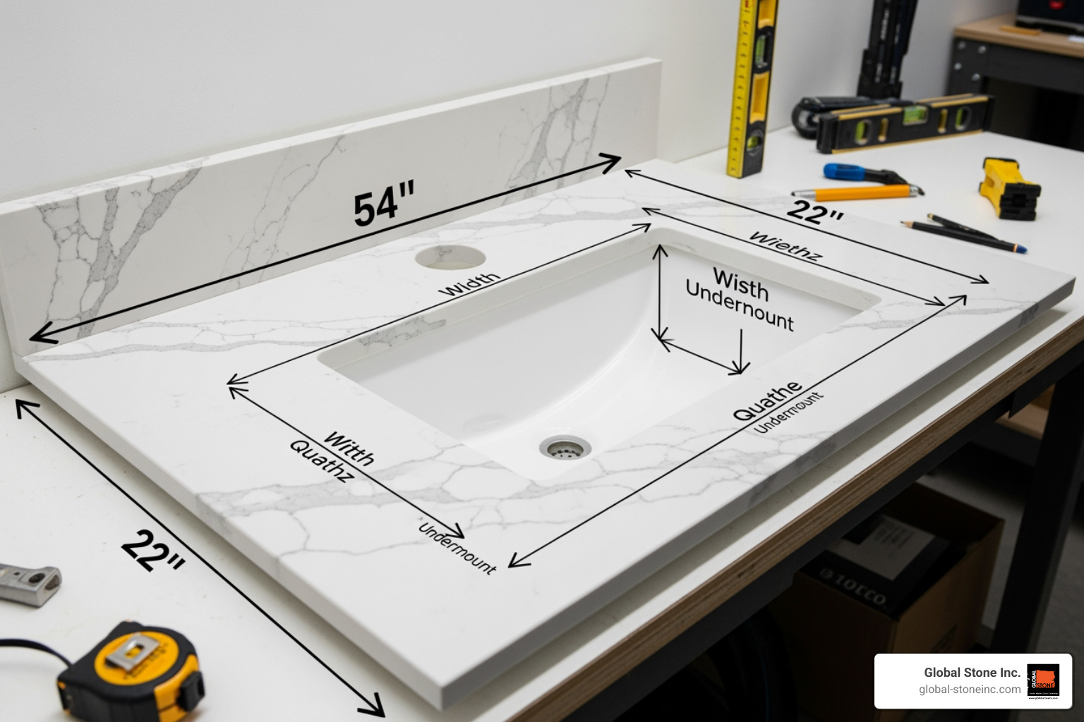 Detailed measurement points for a 54 inch vanity top showing width, depth, and sink placement