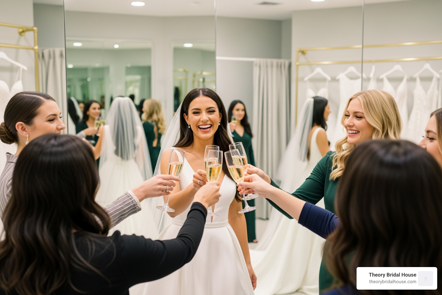 Bride celebrating with her bridal party during a private appointment with a champagne toast Bride celebrating with her bridal party during a private appointment with a champagne toast