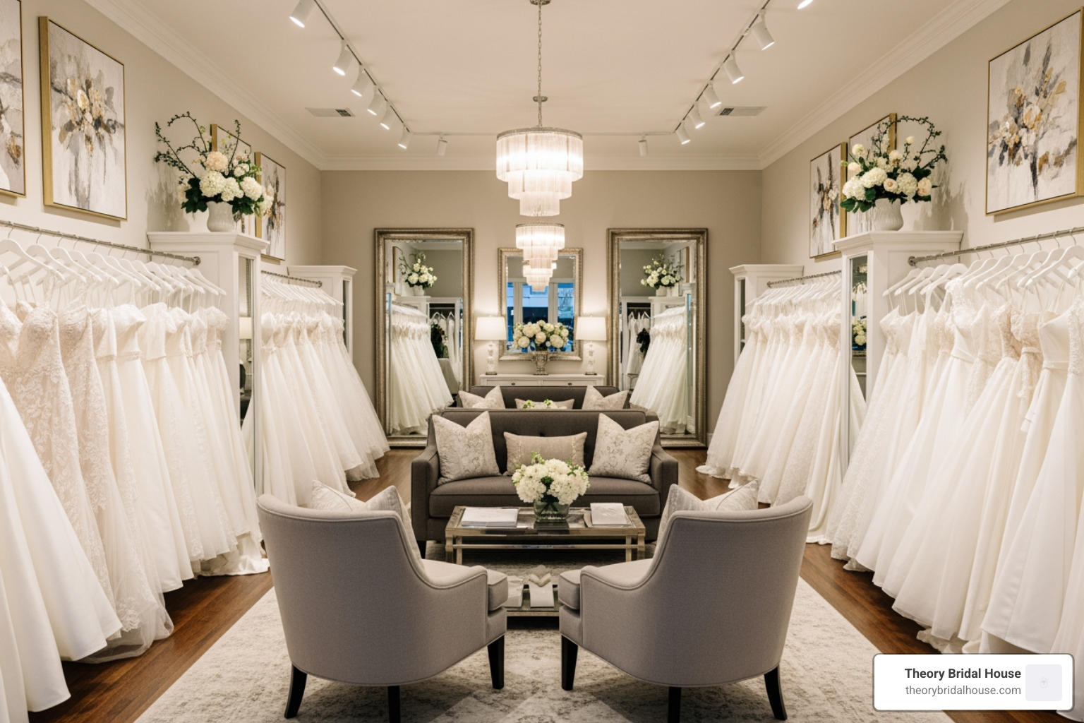 Luxury bridal boutique interior featuring organized racks of designer gowns and a comfortable viewing area Luxury bridal boutique interior featuring organized racks of designer gowns and a comfortable viewing area