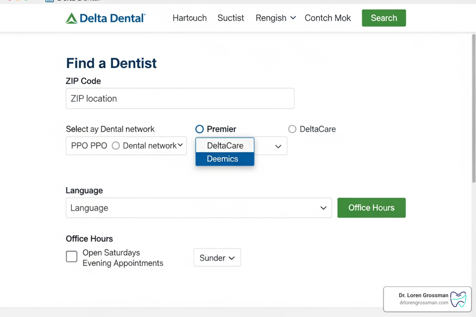Screenshot of the Delta Dental online search tool interface showing ZIP code and network selection fields Screenshot of the Delta Dental online search tool interface showing ZIP code and network selection fields