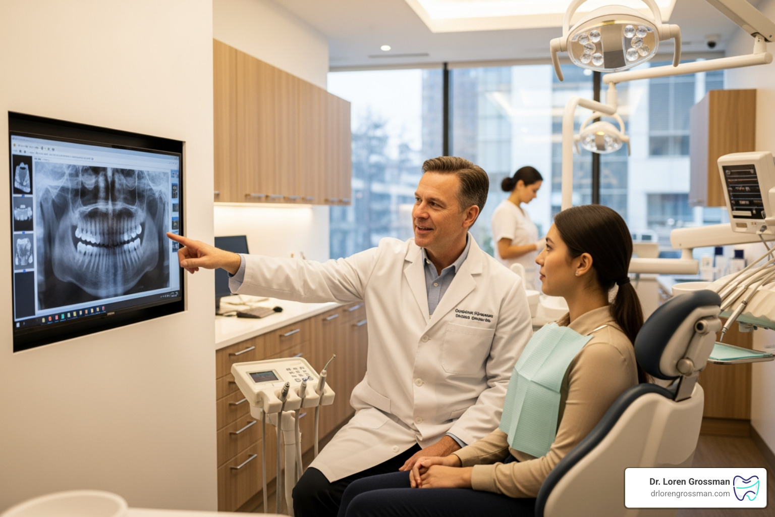 Dentist explaining a procedure to a patient using a digital screen Dentist explaining a procedure to a patient using a digital screen