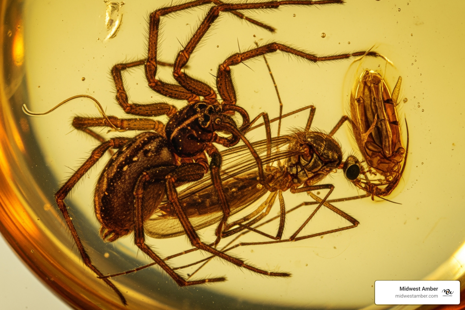 rare spider and mosquito multi-inclusion in amber
