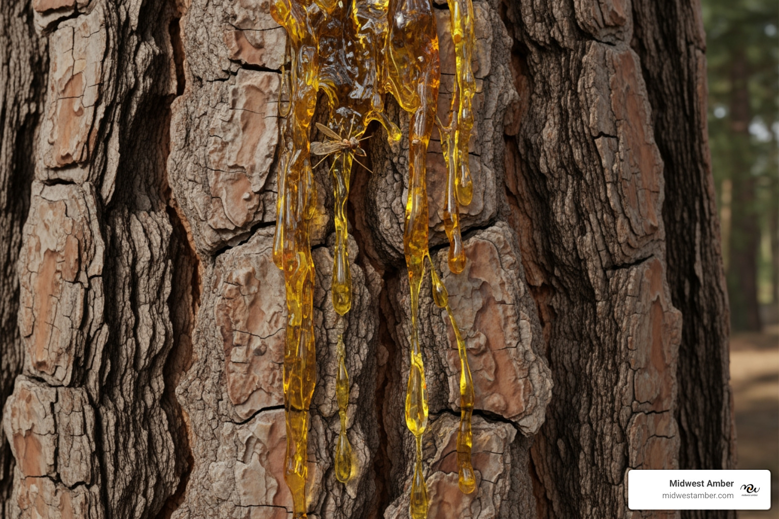 resin flowing down an ancient pine tree trapping an insect