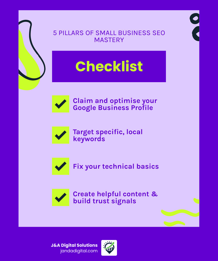 5 pillars of small business SEO: Google Business Profile, On-Page SEO, Technical SEO, Local SEO, Content SEO infographic 5 pillars of small business SEO: Google Business Profile, On-Page SEO, Technical SEO, Local SEO, Content SEO infographic