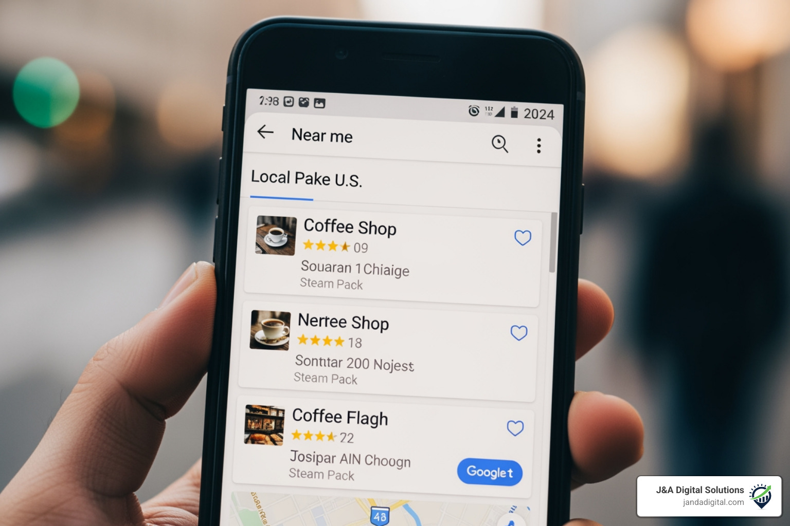 A smartphone displaying "near me" search results for a local business A smartphone displaying "near me" search results for a local business