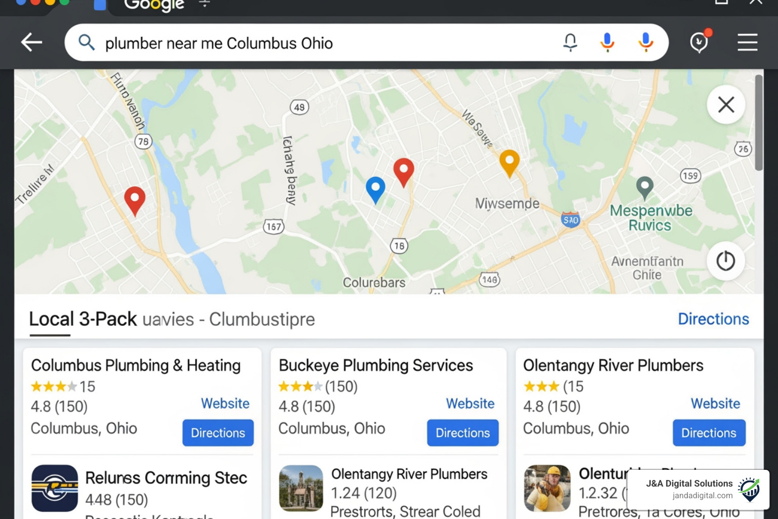 Google search results showing the local pack for a service business Google search results showing the local pack for a service business