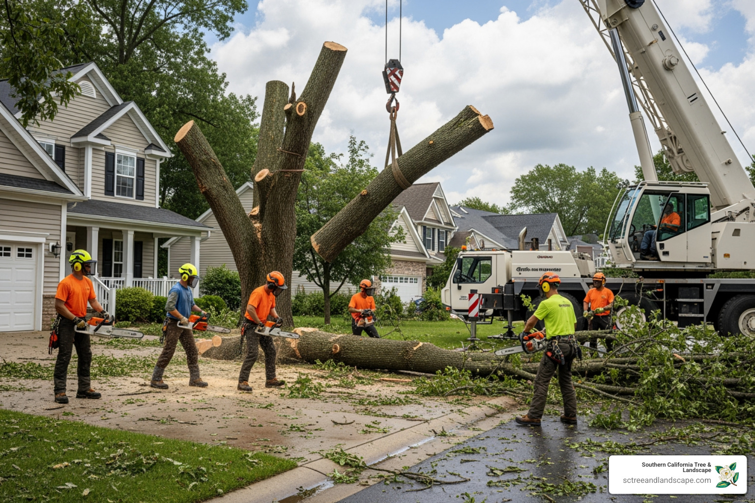 professional crew removing a fallen oak tree from a residential driveway