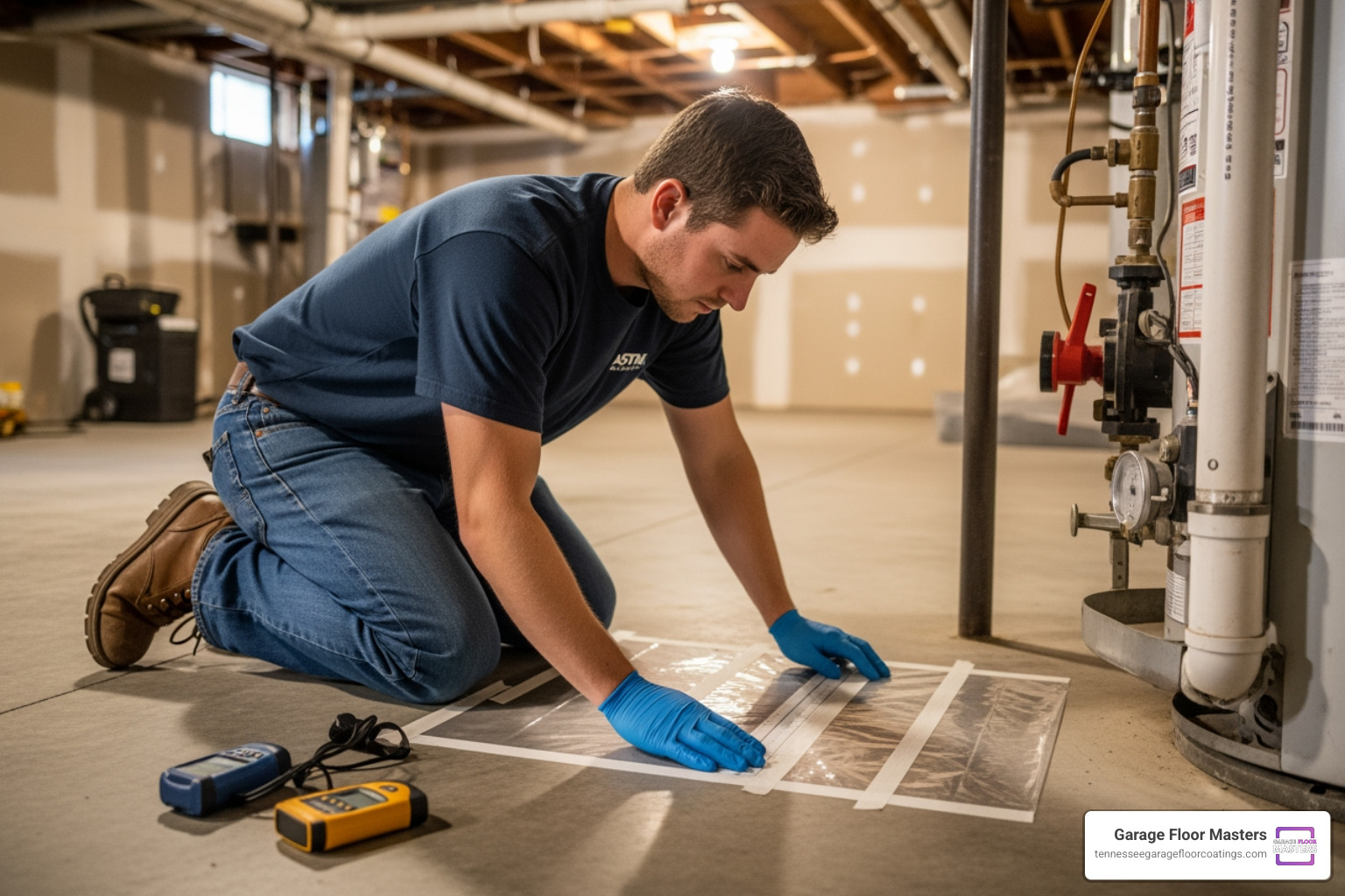 Technician performing an ASTM moisture test on concrete