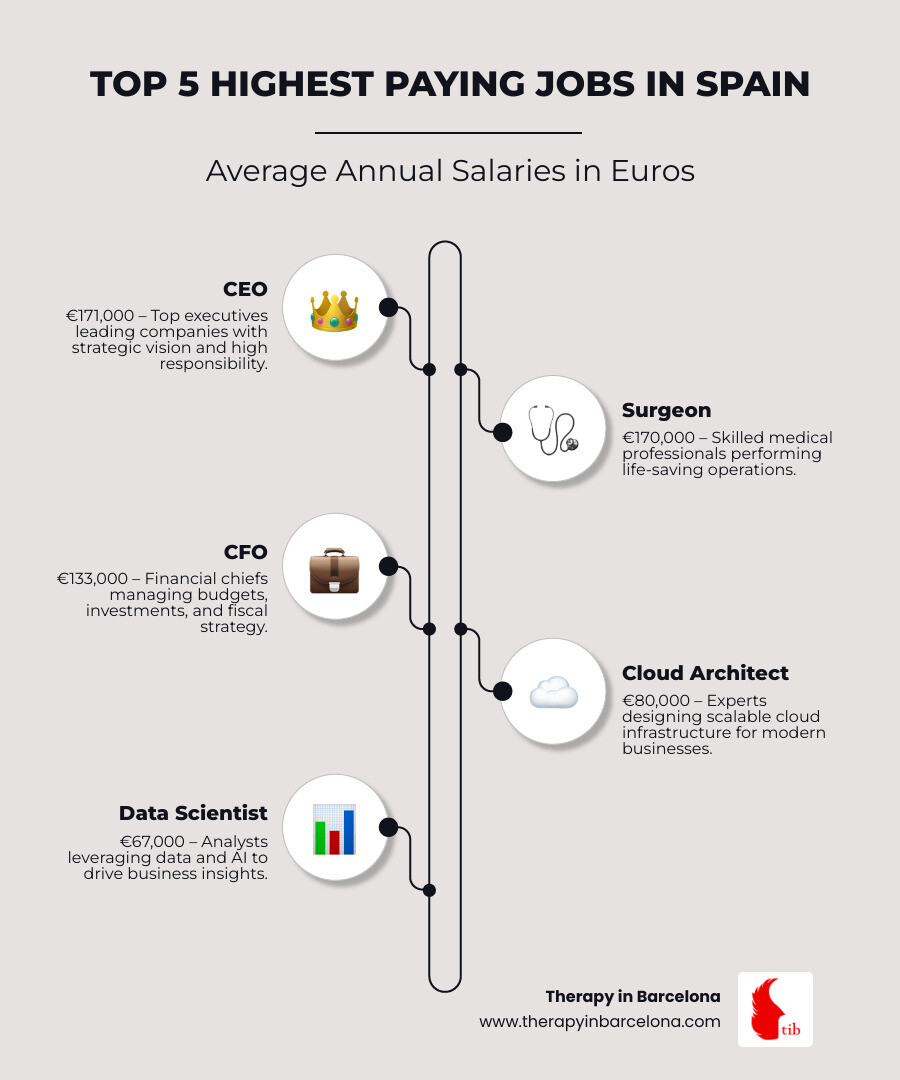 infographic showing top 5 highest paying jobs in Spain with CEO at €171k, Surgeon at €170k, CFO at €133k, Data Scientist at €67k, and Cloud Architect at €80k - high paid jobs in spain infographic infographic showing top 5 highest paying jobs in Spain with CEO at €171k, Surgeon at €170k, CFO at €133k, Data Scientist at €67k, and Cloud Architect at €80k - high paid jobs in spain infographic