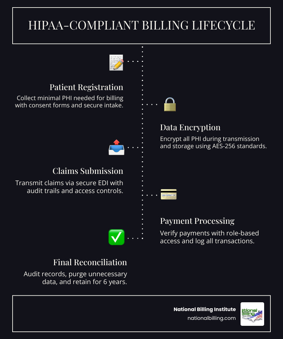 HIPAA-compliant billing lifecycle from patient registration to final payment with key compliance checkpoints - medical