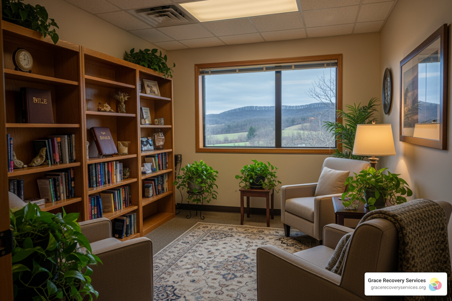 A peaceful, warm counseling room in Western PA designed for safety and reflection