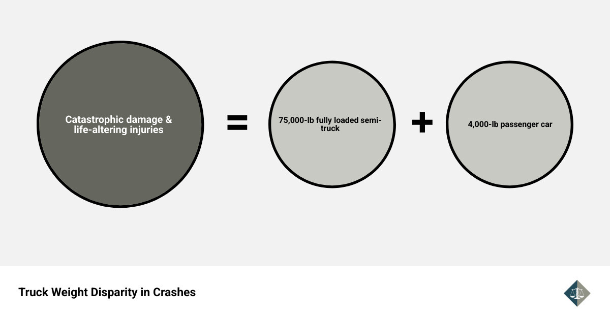 Infographic showing weight of 75,000-lb loaded semi vs. 4,000-lb passenger car and top forms of Houston trucking firm Infographic showing weight of 75,000-lb loaded semi vs. 4,000-lb passenger car and top forms of Houston trucking firm