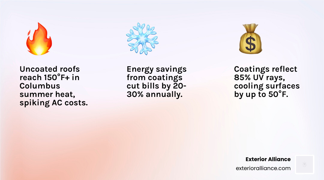 Infographic showing commercial roof coating energy savings, temperature reduction, cost comparison, and lifespan in Columbus