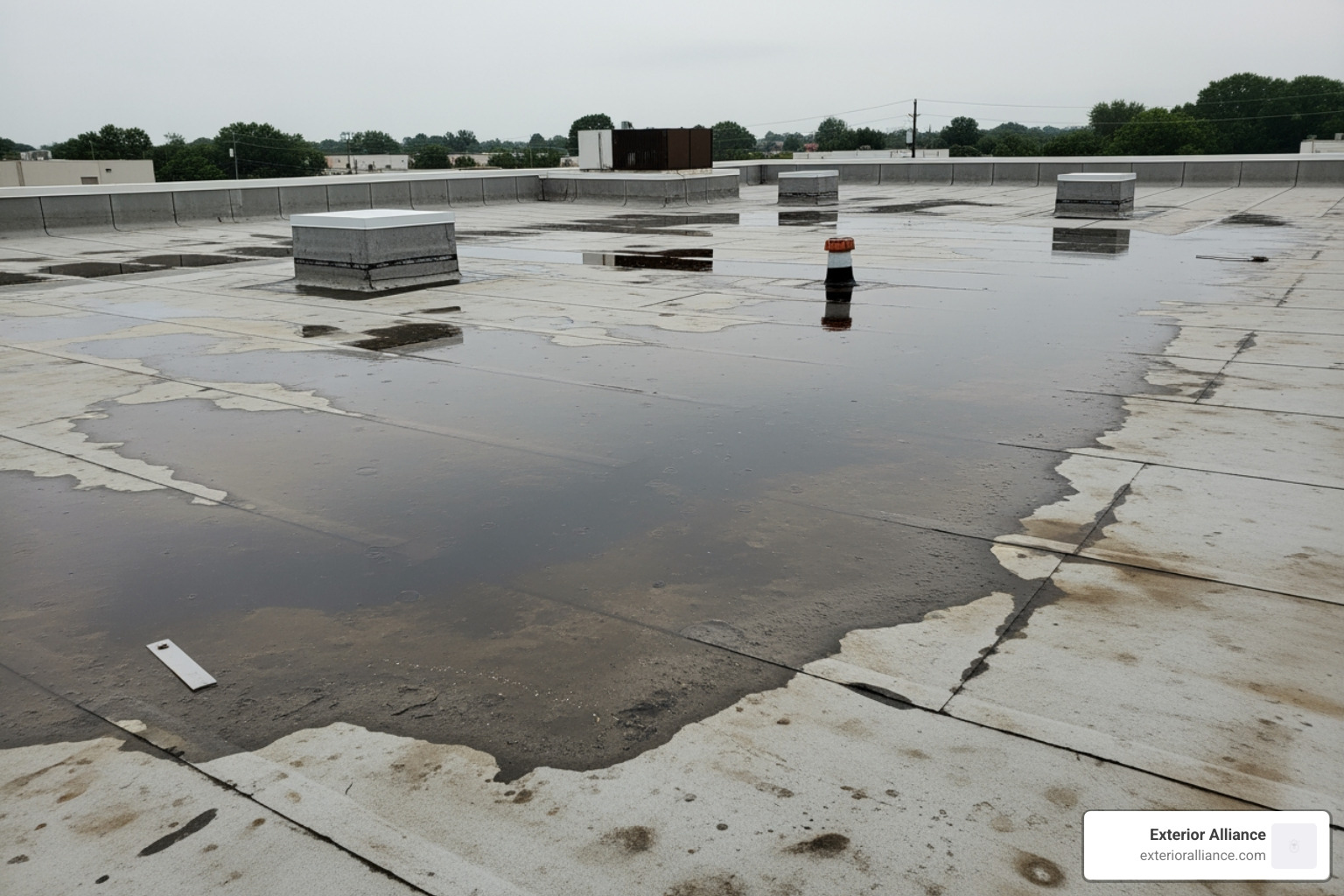 Commercial roof with ponding water issues before restoration