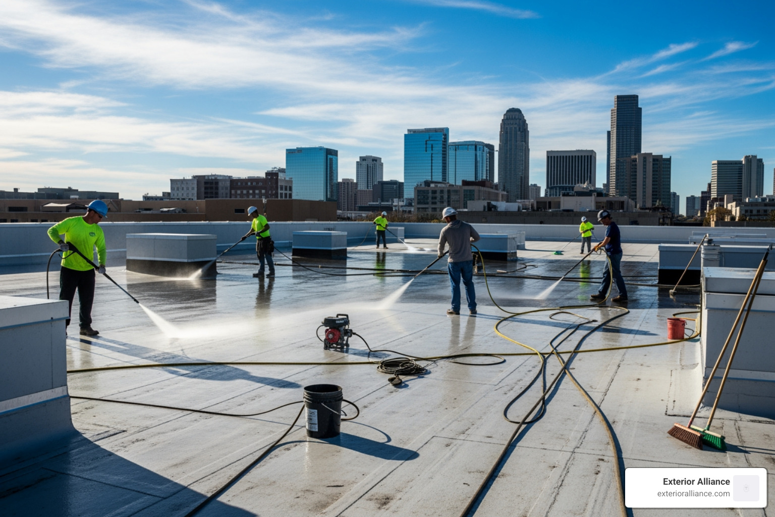 Professional roofing crew preparing a flat roof for coating