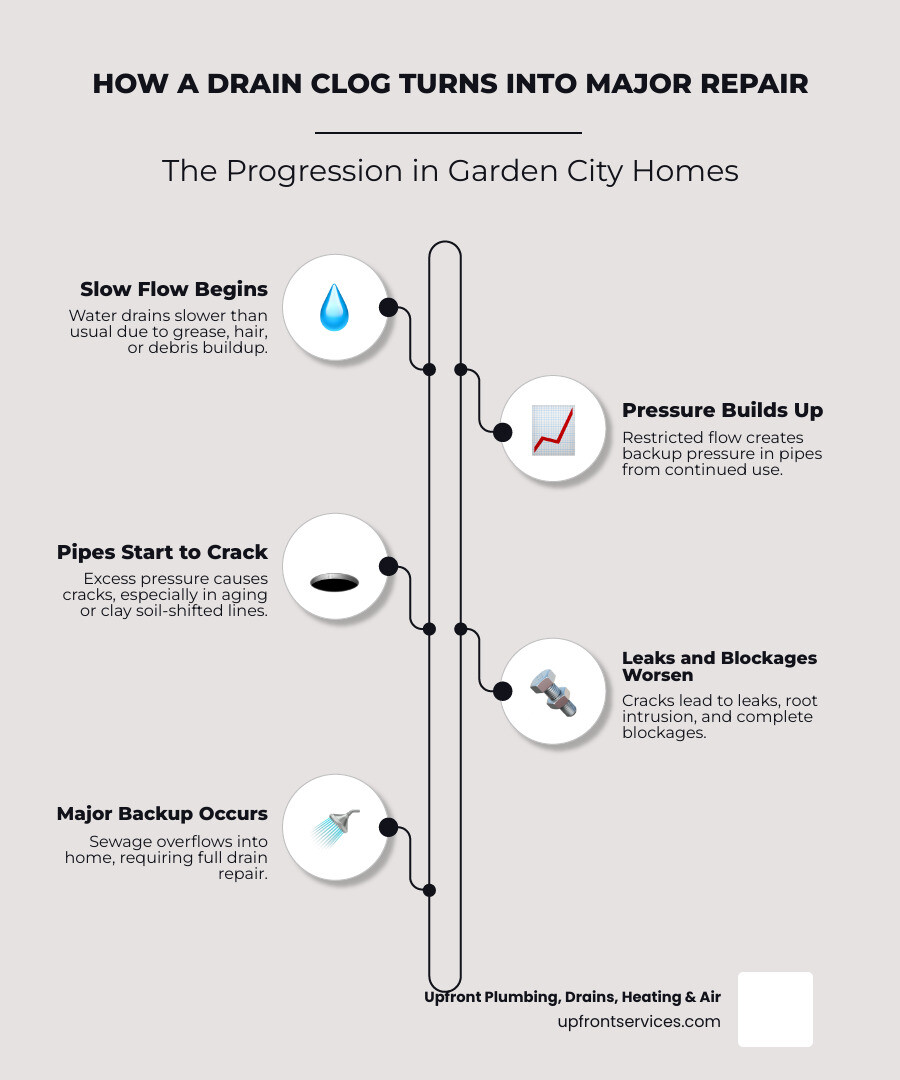 Infographic: how a drain clog turns into a major drain repair in Garden City — from slow flow to pipe damage infographic