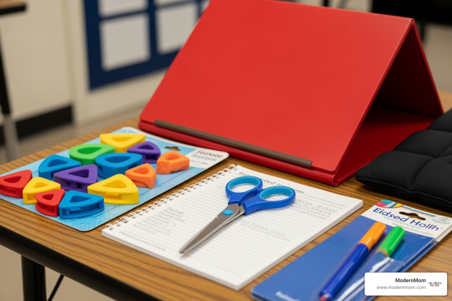 Collection of adaptive school supplies including pencil grips and slant boards