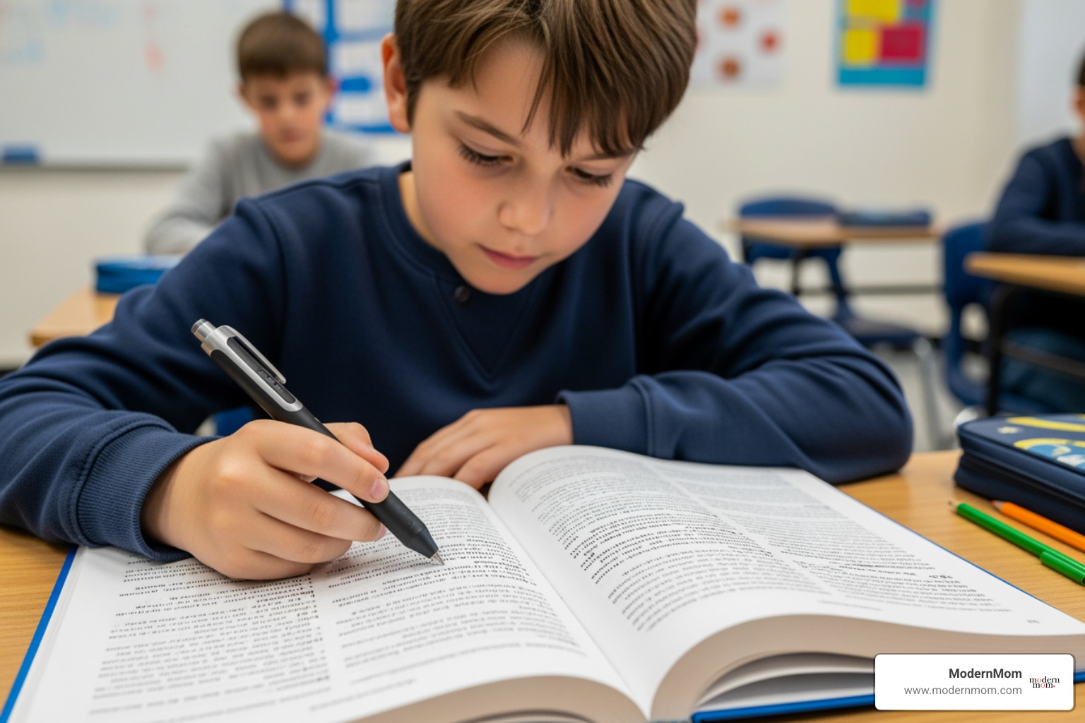 Child using a pen to scan a textbook