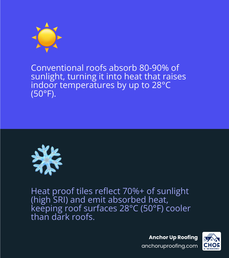 Infographic showing how conventional roofs absorb heat vs how heat proof tiles reflect and emit solar energy to keep