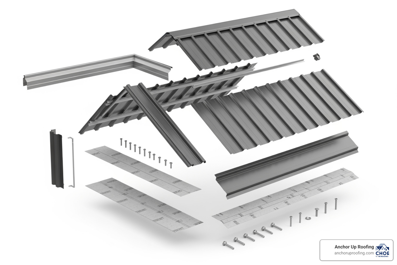 Exploded view of metal roof components including drip edge, panels, and ridge cap
